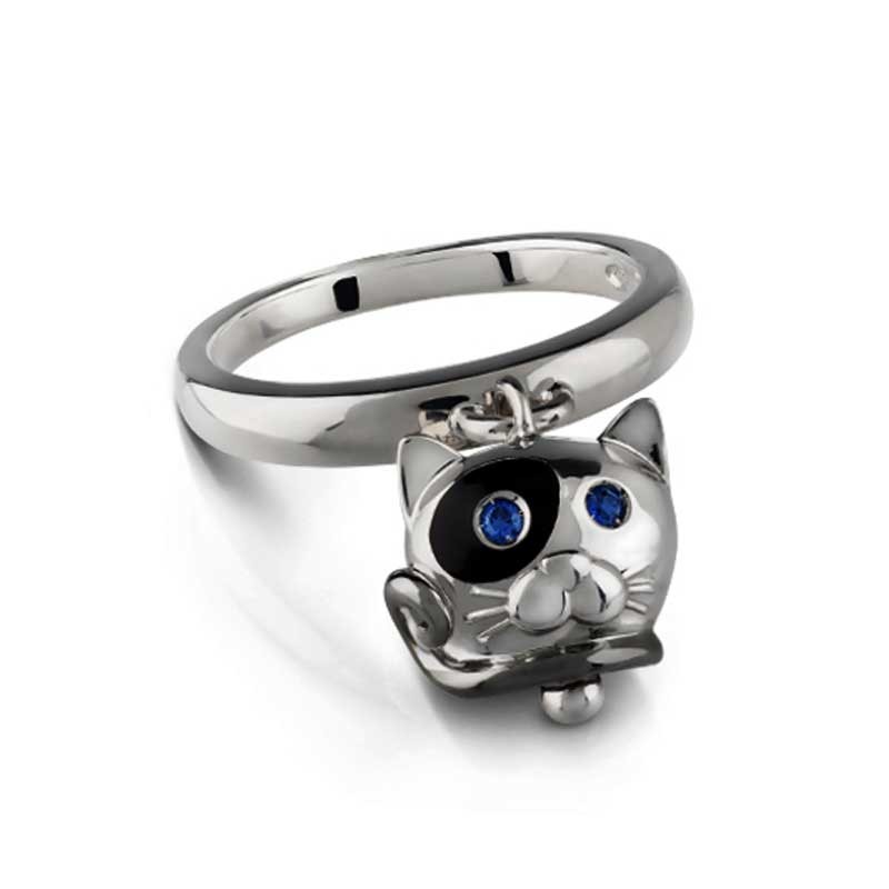 Campanella Ring with a Cat in Silver and Sapphires