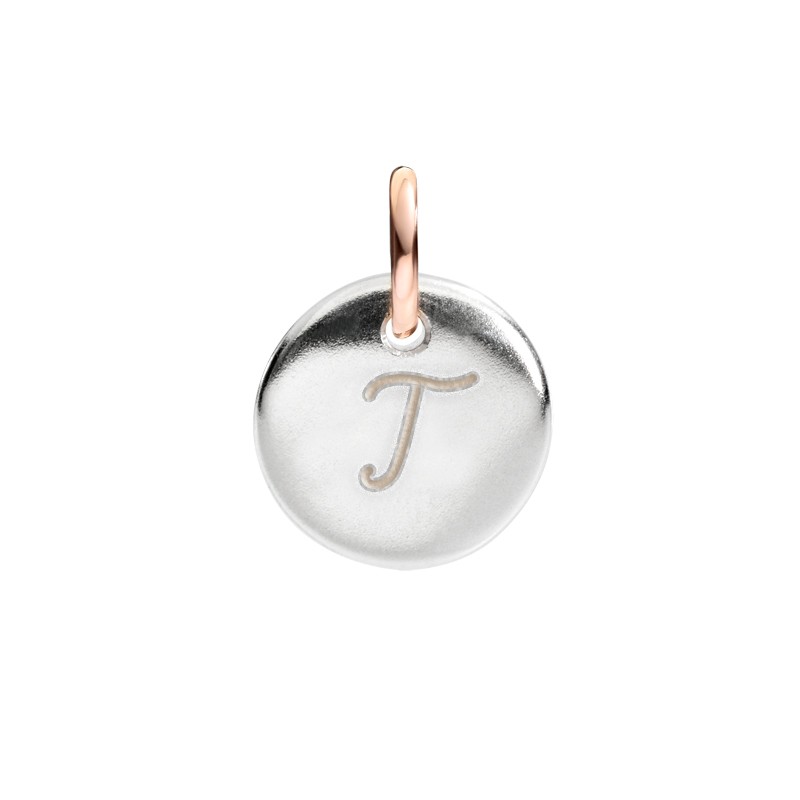 Micro Coin Charm Letter T in Silver