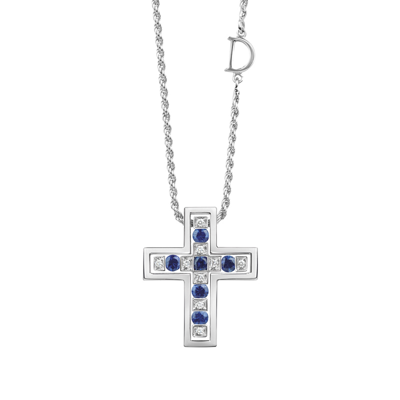 Belle Epoque Cross Necklace in White Gold with Sapphires
