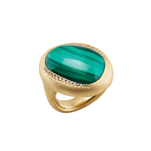 Anello Enchanté in oro giallo satinato, diamanti, malachite e cristallo di rocca