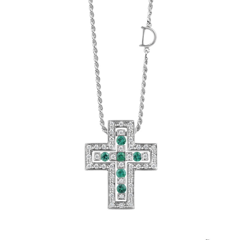 Collana in Oro Bianco con Diamanti e Smeraldi